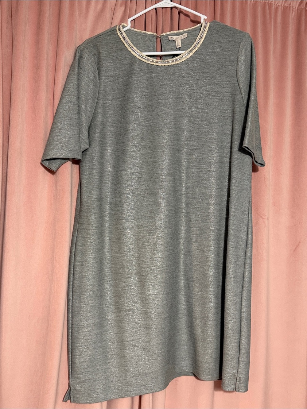 Lila Rose Metallic Gray Beaded-Neck Mini Shift Dress